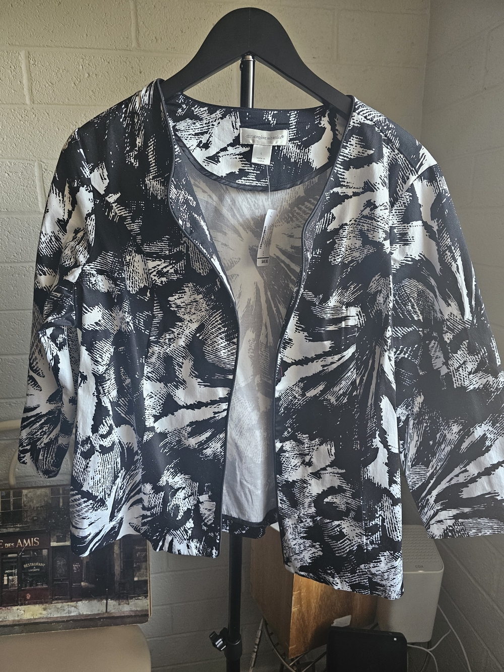 Christopher & Banks Black and White Abstract Open-Front Jacket